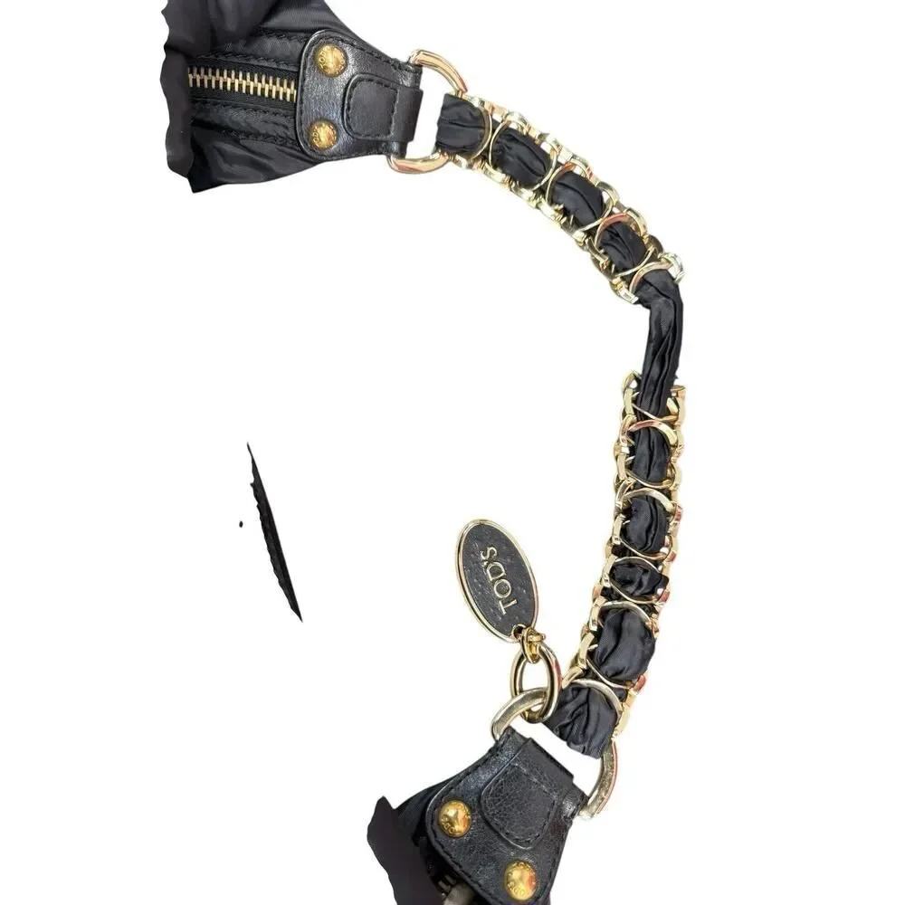 TOD’S Black Hobo Nylon Shoulder Bag w/ Gold Chain Strap & Leather Trim, Italy